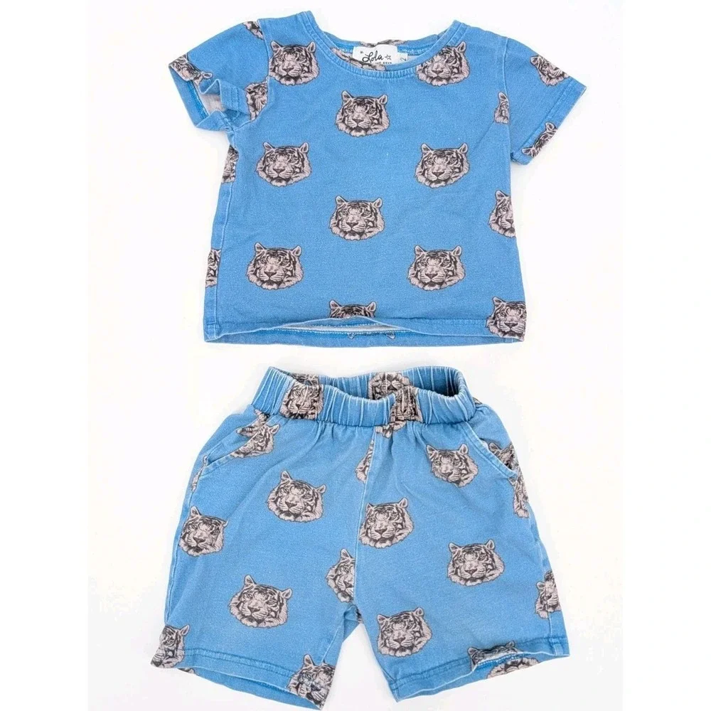 Lola and the Boys T Shirt Short Set Boys Size 2t Blue Tiger Outfit